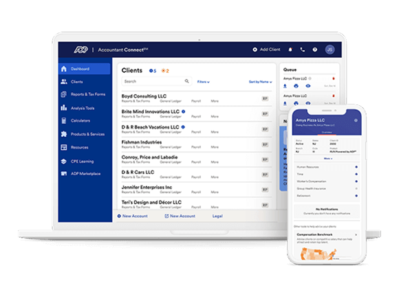 Software technology interface display of the Accountant Connect Client Dashboards on desktop and mobile devices