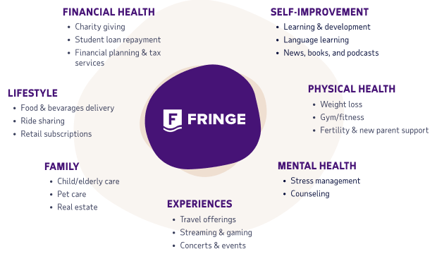 Web of benefits Fringe features including financial health, self improvement, physical health, mental health, experiences, family, and lifestyle