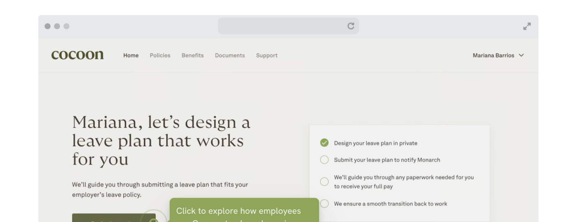 Screenshot of Cocoon's employee leave planning start screen, showing options for designing a leave plan.