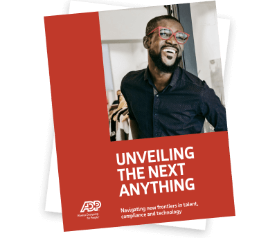 Image of the cover of ADP's 2025 HR Trends Report titled "Unveiling the Next Anything"