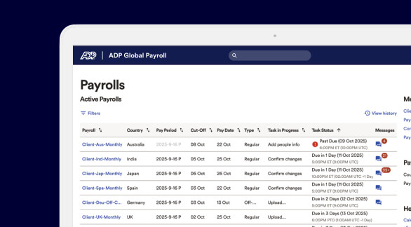ADP Global Payroll software home screen featuring global payroll dashboard, employee data management and analytics & reporting