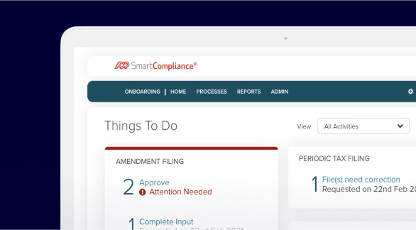 ADP SmartCompliance home screen displaying the Things To Do dashboard