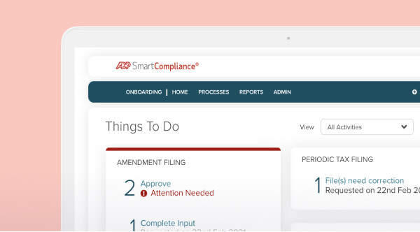 ADP SmartCompliance home screen displaying the Things To Do dashboard