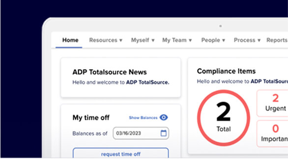 ADP TotalSource home screen showcasing navigation, news, compliance items, and time off dashboards