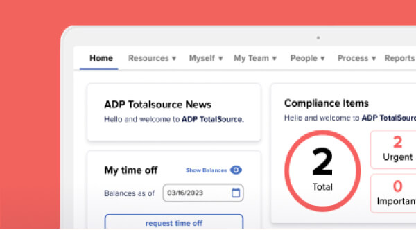 ADP TotalSource home screen showcasing navigation, news, compliance items, and time off dashboards