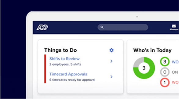 ADP Workforce Now home screen displaying the Things to Do and Who's in Today dashboards