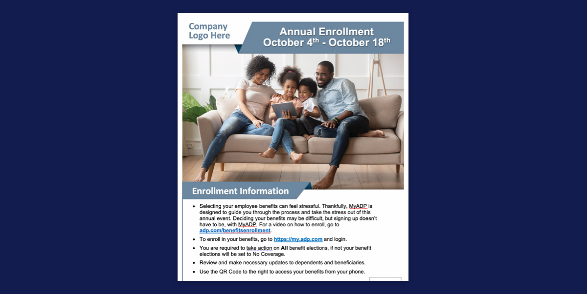 Poster reminding employees of upcoming open enrollment period and information