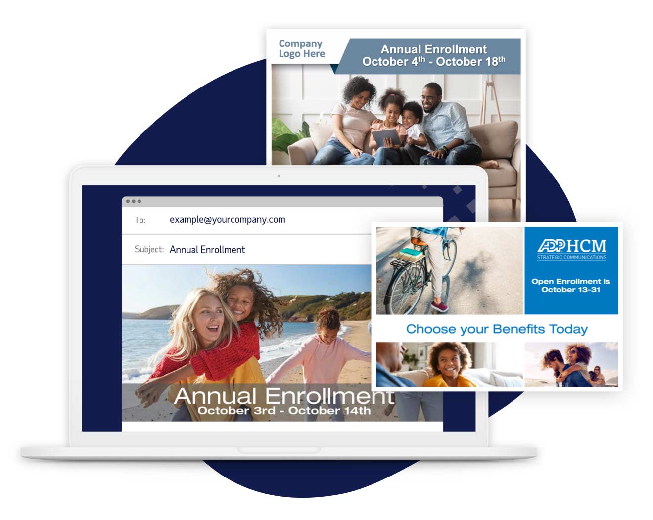 Email communication, flyer, and postcard informing employees of upcoming annual enrollment period