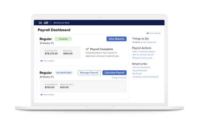 ADP Workforce Now dashboard displayed on a laptop device