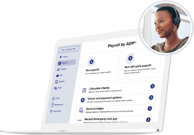 Laptop showing embedded payroll by ADP interface with a pop-out image of an ADP expert providing support via headset.