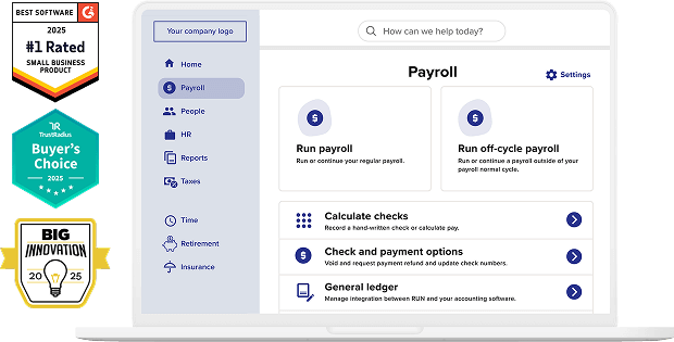 Computer screen displaying an ADP embedded payroll software interface with navigation options on the left and payroll tasks on the right. Three awards are shown on the left side of the interface. 2025 G2 number 1 rated award, 2025 Trust Radius Buyers Choice award and the 2025 Business Intelligence Group Big Innovation award.
