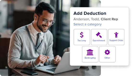 A smiling businessman at a laptop selects a category on an 'Add Deduction' payroll screen.