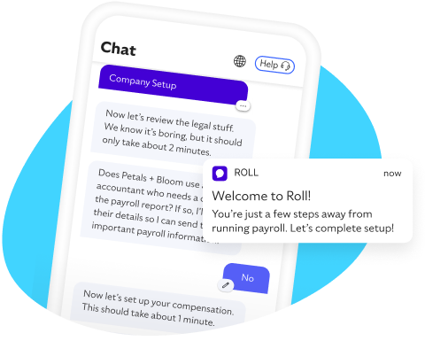 Mobile chat screen about company setup with overlay notification welcoming the user to Roll by ADP