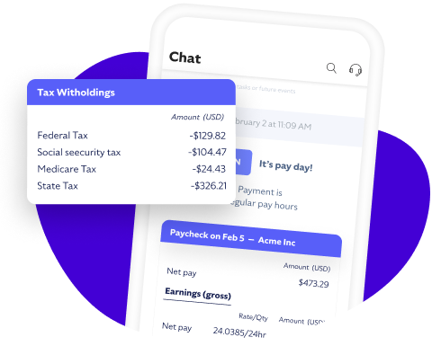 Mobile screen showing pay day notifications with detailed tax withholdings