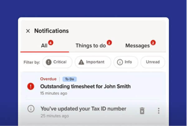 Window displaying notifications in ADP platform, including tax items that need attention