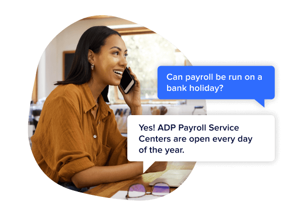 Chat exchange showing a user asking if ADP processes payroll on bank holidays and a support representative confirming that ADP does