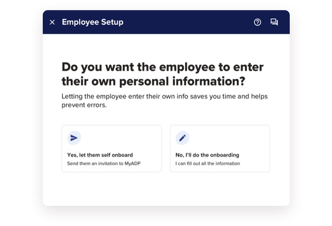 Screenshot of employee setup for manager asking: Do you want to let the employee enter their own personal information?