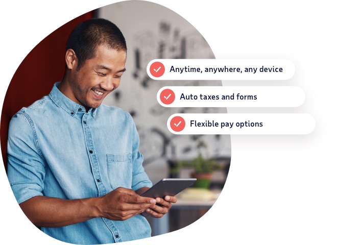 Smiling man holding tablet with overlay text: anywhere, anytime, any device; auto taxes and forms; flexible pay options