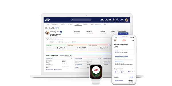 Screenshot of ADP TotalSource dashboard on laptop and payroll on mobile device