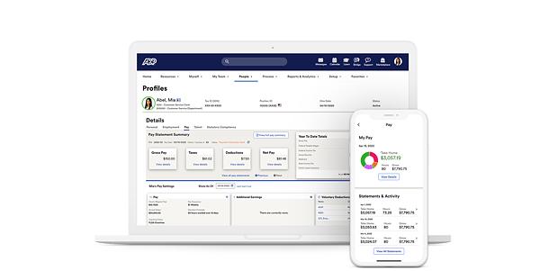 Screenshot of ADP Comprehensive Services dashboard on laptop and payroll on mobile device
