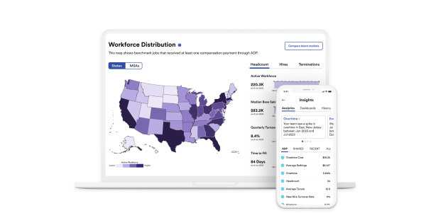 Screenshot of Workforce Distribution heat map on laptop and insights analysis dashboard on mobile device