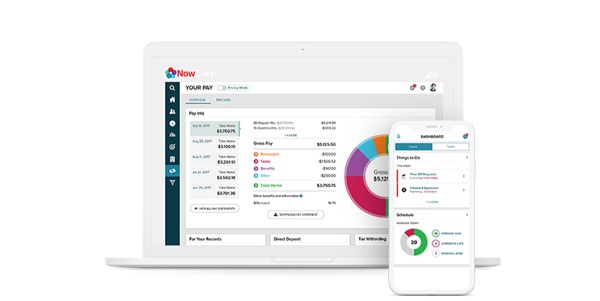 ADP Enterprise screenshot showing employee pay dashboard on laptop and mobile device