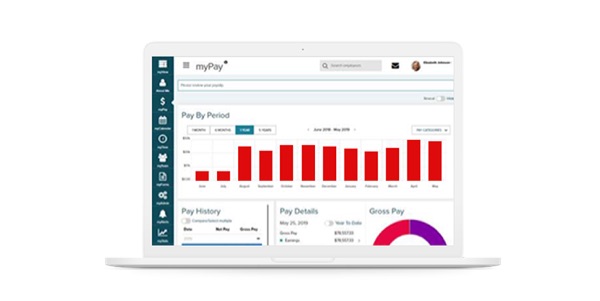 Screenshot of ADP GlobalView Payroll employee myPay dashboard on laptop device