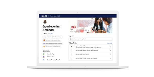 Screenshot of ADP Next Gen HCM Things to Do dashboard on laptop device