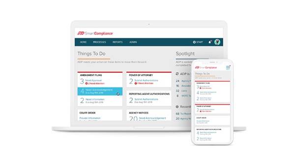 Screenshot of ADP Smart Compliance Things to Do dashboard on desktop and mobile devices