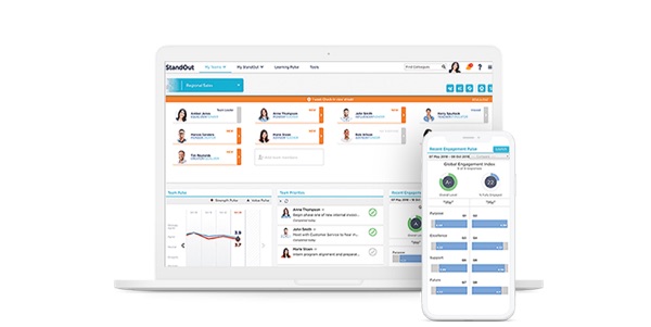 Laptop and mobile device screenshots of StandOut weekly employee engagement report