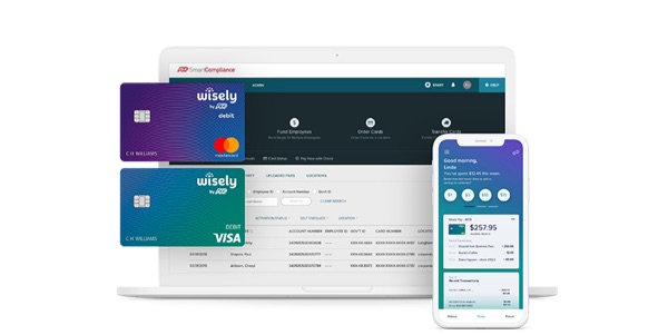 Wisely by ADP credit and debit cards in front of employee pay dashboard screenshots on desktop and mobile devices