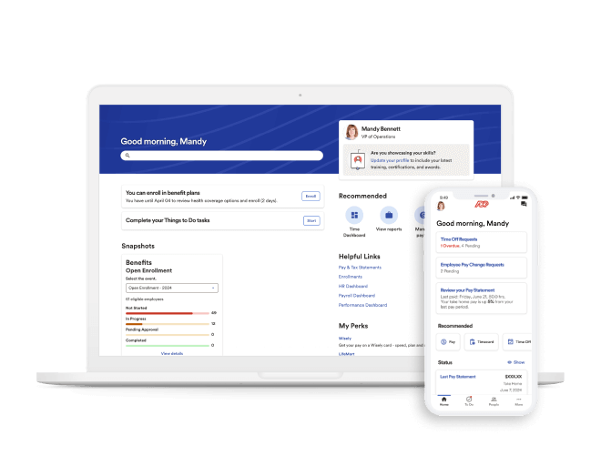 Screenshot of employee pay dashboard on laptop and mobile devices