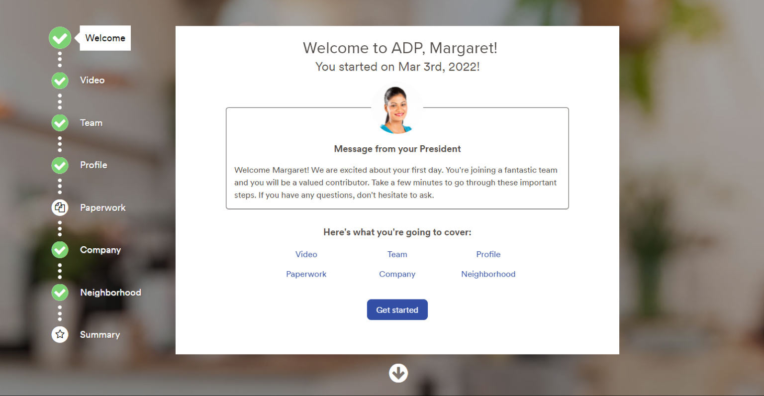 Screenshot of employee welcome screen during the first step of onboarding