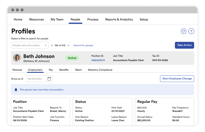Screenshot of employee talent profile displaying licenses & certifications, education, skills, awards, languages, and trainings
