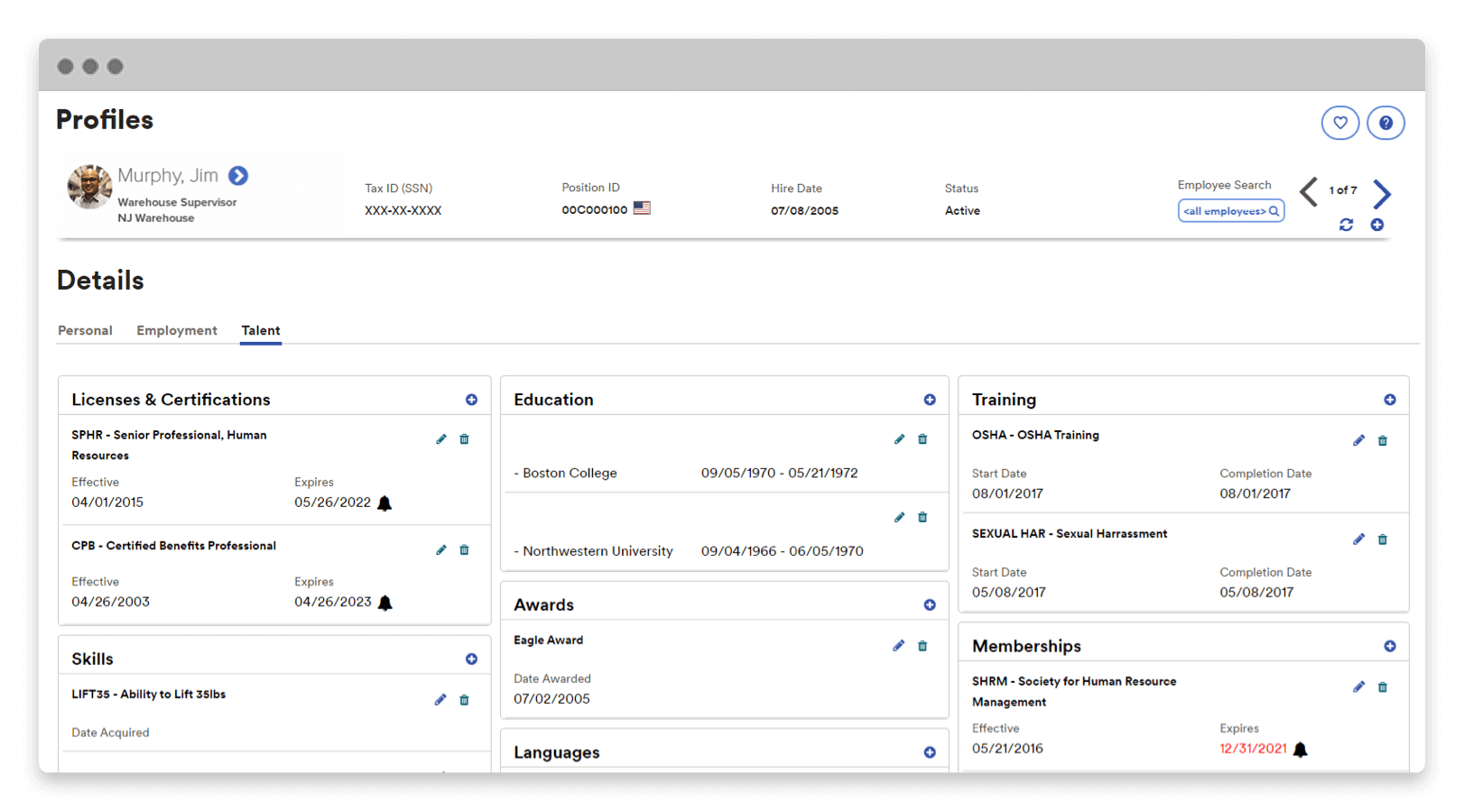 Screenshot of employee talent profile displaying licenses & certifications, education, skills, awards, languages, and trainings