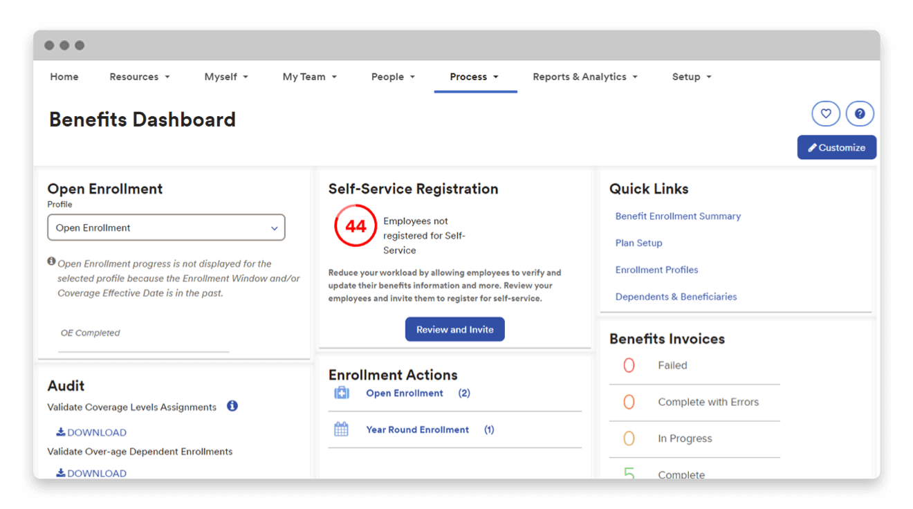 Web browser window screenshot of benefits dashboard 