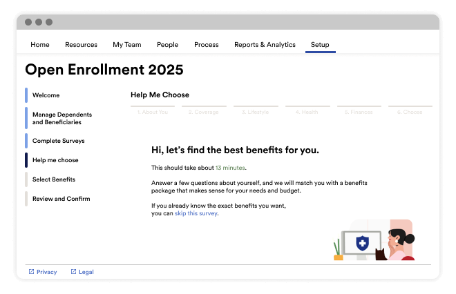 Screenshot of Open Enrollment opening process to choose benefits with ease and confidence with this survey