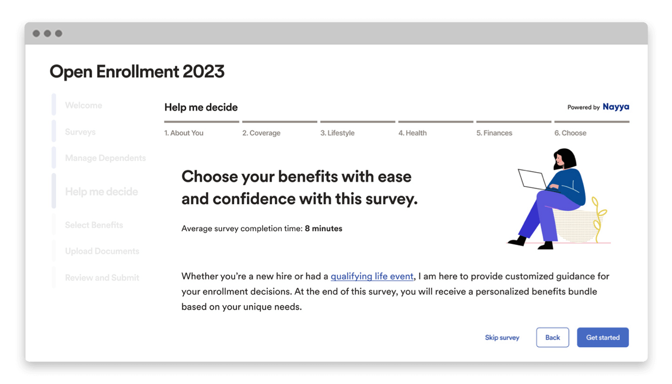 Screenshot of Open Enrollment opening process to choose benefits with ease and confidence with this survey