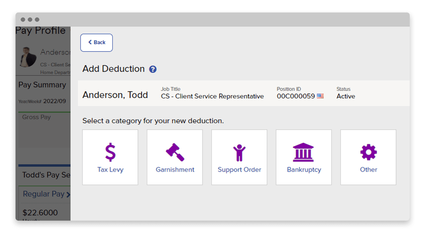 ADP Workforce Now product screen showing deductions screen