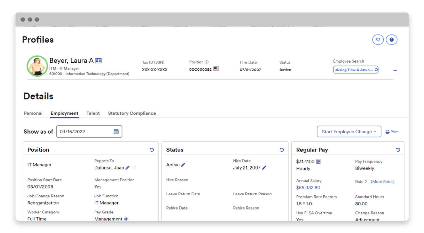 ADP Workforce Now product showing employee detail dashboard