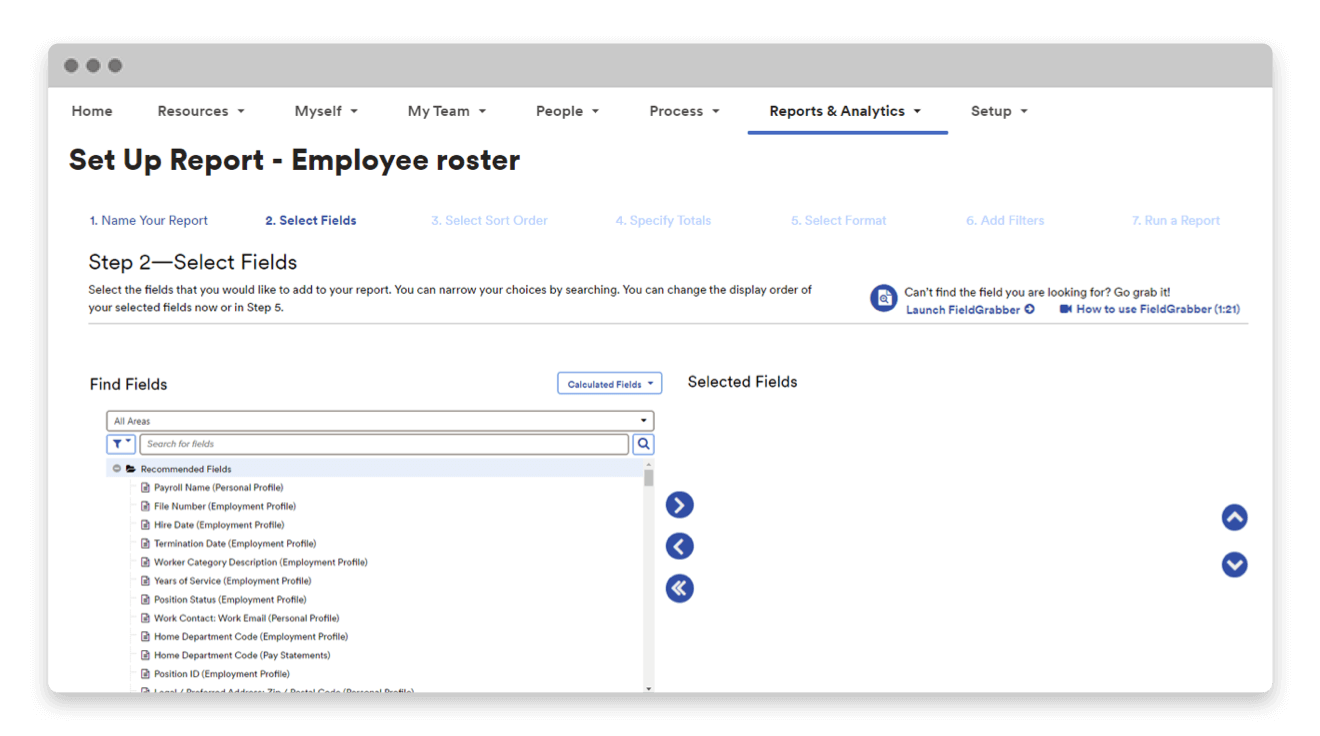 Screenshot of report set up selecting from pre-populated fields for employee roster report