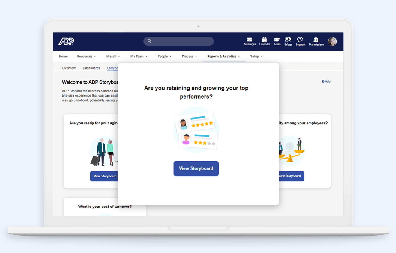 Screenshot of reports & analytics pop-up window linking to storyboard about retaining and growing top performers