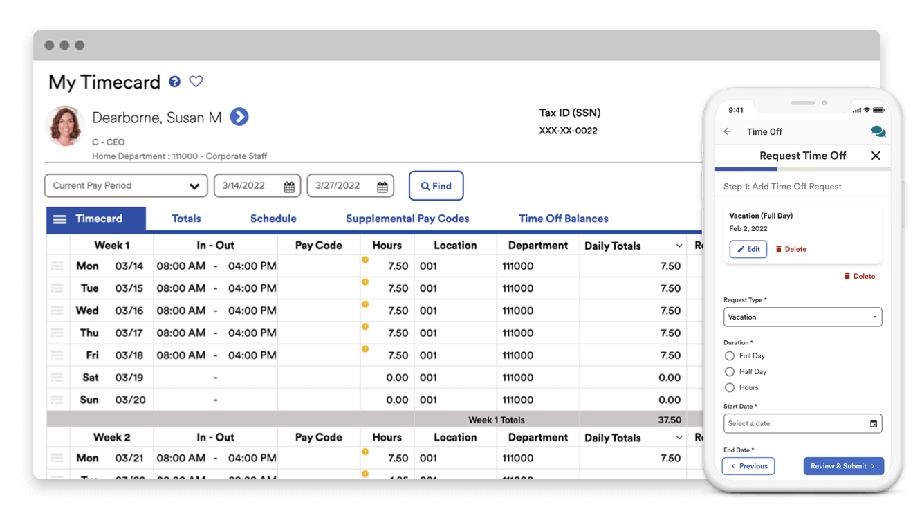 Screenshot of employee timecard in browser window and time off request on mobile device