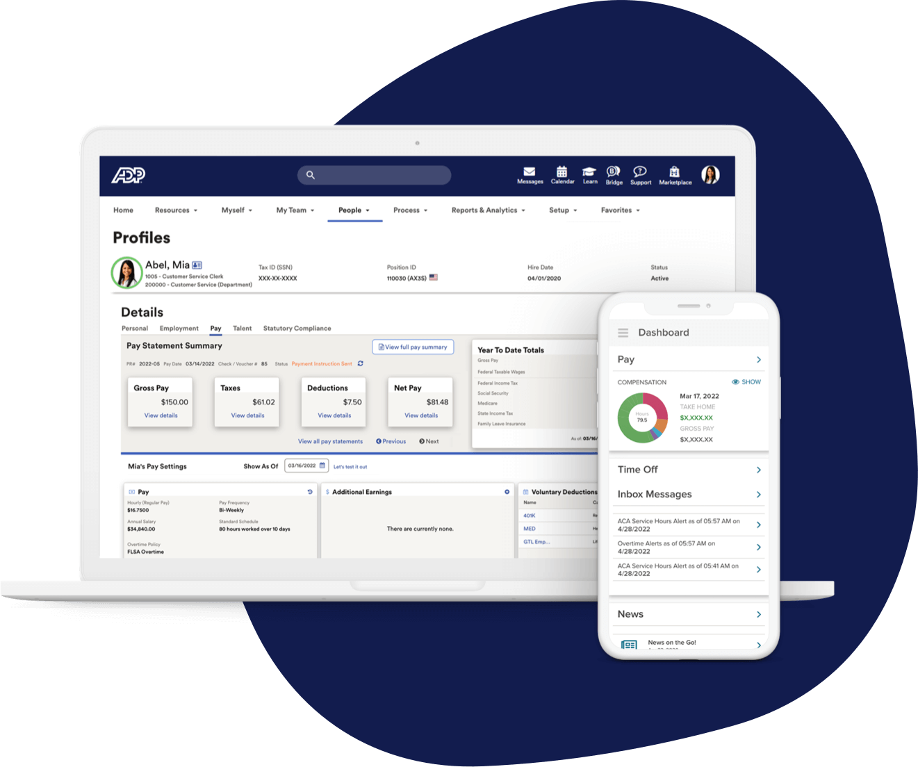 Screenshot of employee pay dashboard on laptop and mobile devices