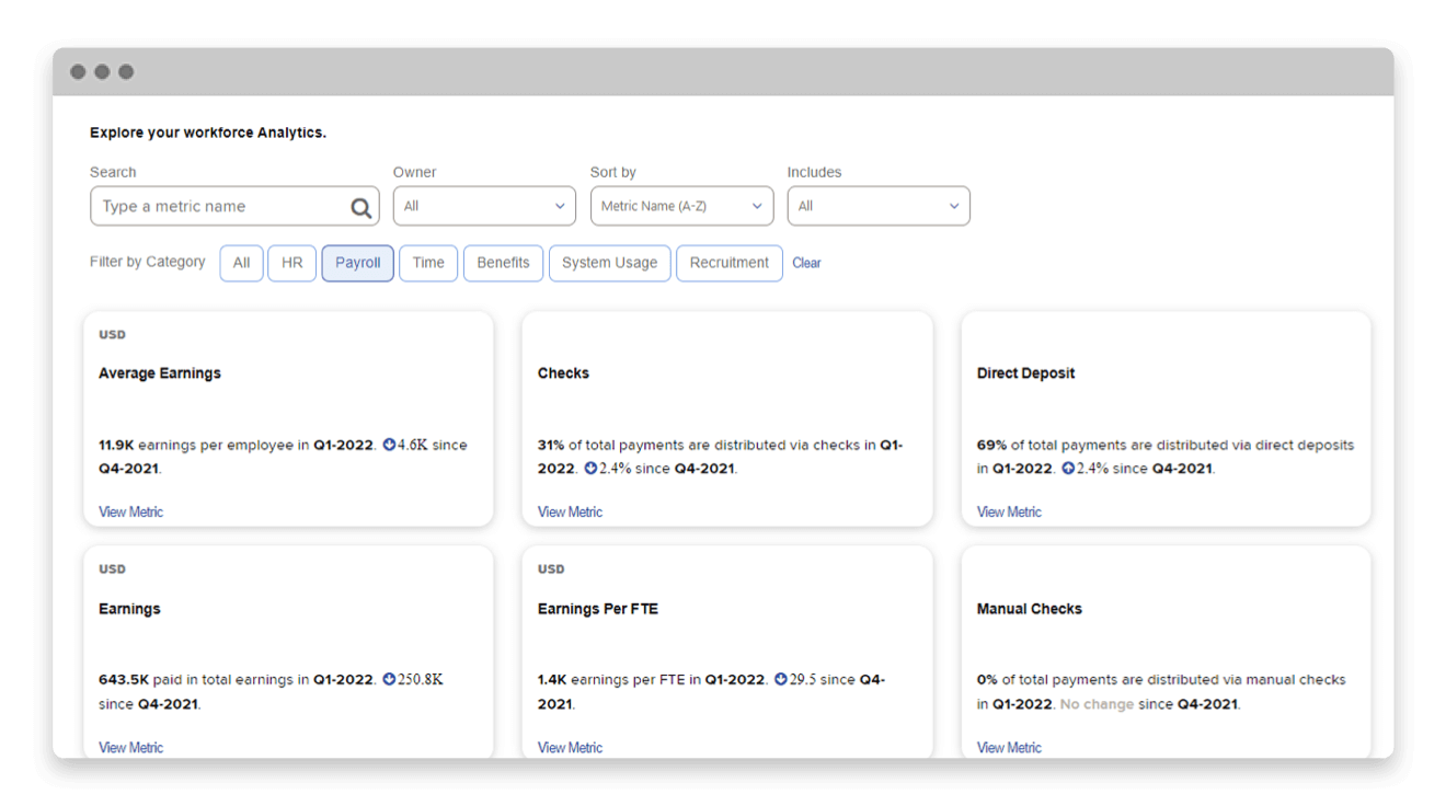Screenshot of workforce analytics exploration dashboard featuring search functionality, earnings, earnings per TFE, direct deposit metrics and more