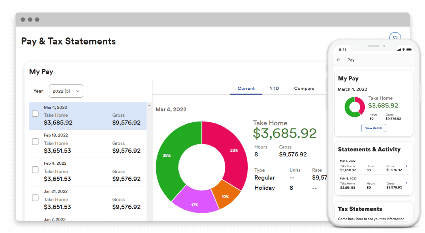 ADP Workforce Now product on desktop and mobile devices showing employee self-service screen