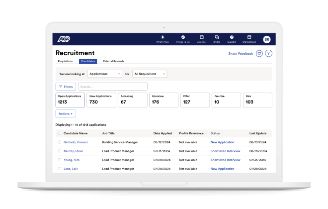 Screenshot of recruitment candidates dashboard showing open position application status and sourcing efficiency charts