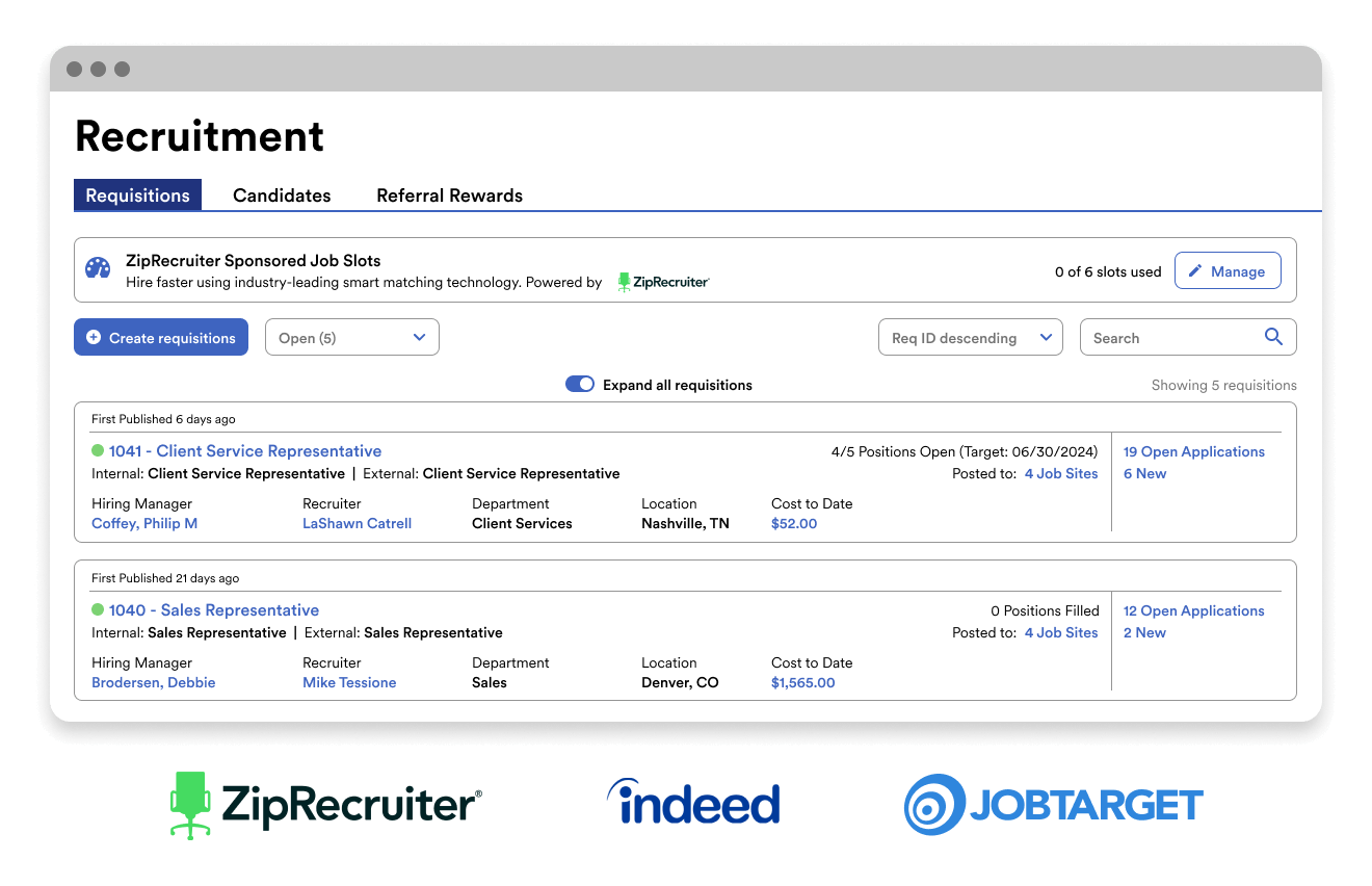 Screenshot of recruitment requisitions dashboard in browser window showing two job openings, hiring manager, recruiter, department, location, and cost to date