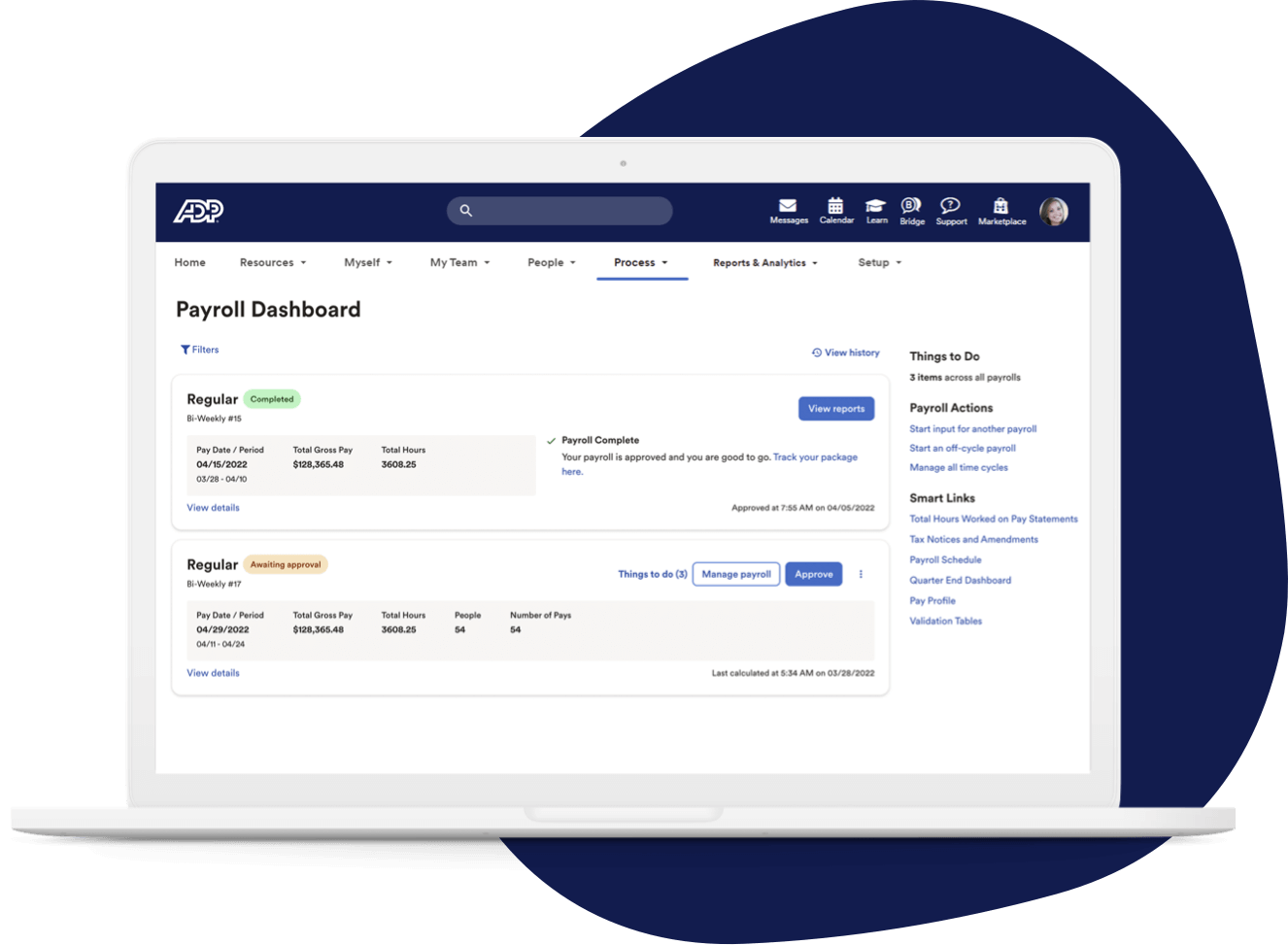 Screenshot of payroll dashboard in browser window showing previously approved pay period and upcoming pay period awaiting approval
