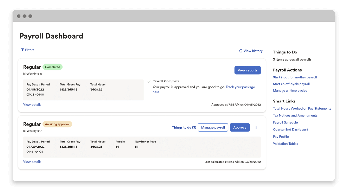 ADP Workforce Now product showing payroll dashboard screen